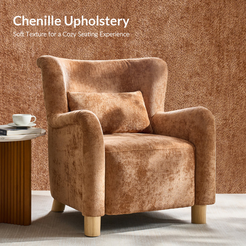 Walbert Modern Boucle Wingback Accent Chair With Pillow And Solid Wood Legs Set of 2, Brown Boucle