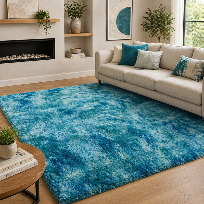 Aspire Homeware Blue Abstract Shaggy Area Rug Soft Modern Indoor Carpet, Rectangle 120cm Width X 170cm Length