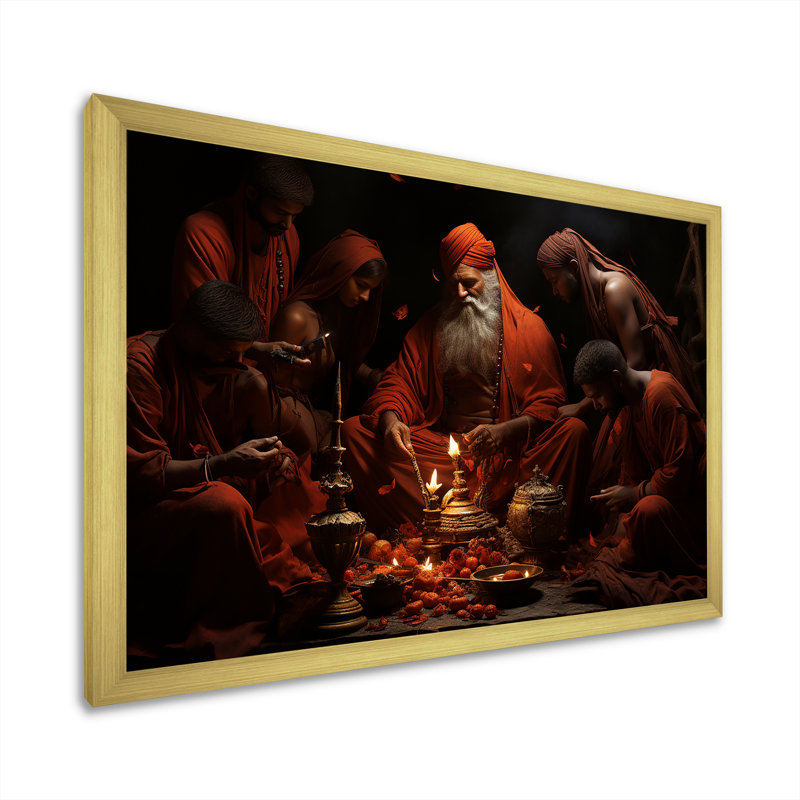 Rituels de l'hindouisme résonnant sur bois de rose sur toile, Cadre doré simple, H 12 po x l 20 po x P 1 po
