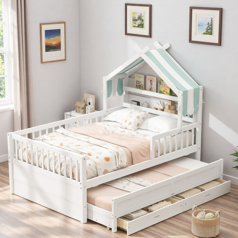 Lit maison avec lit gigogne, tablettes de tête de lit et tiroirs de rangement, Twin, White
