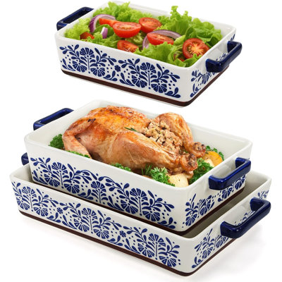 3 Pack Rectangular Ceramic Baking Dish Set for Oven, Hand-Painted Floral Design Non-Stick and Stackable Casserole Dish with Dual Handles for Kitchen, Banquet and Daily Use