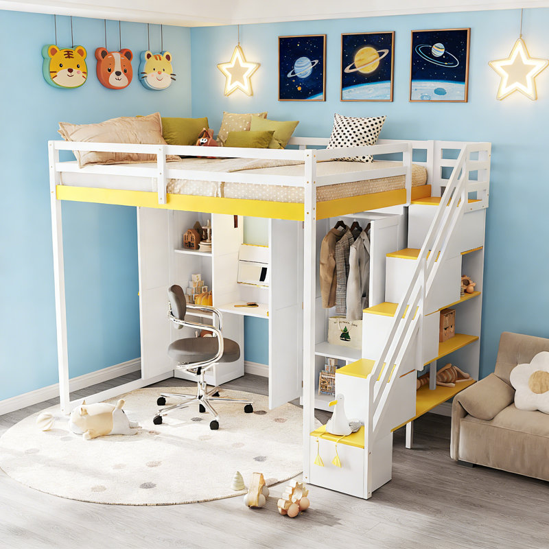 Lit mezzanine double avec escalier de rangement, coiffeuse intégrée avec miroir et tiroir, garde-robe et armoires, ports et lumières de chargement USB
