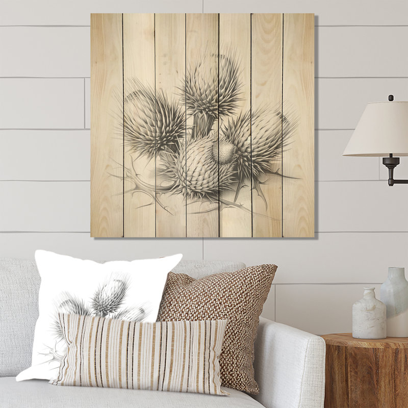 Fleurs de chardon noir et blanc - chardon sur bois, H 30 po x l 30 po