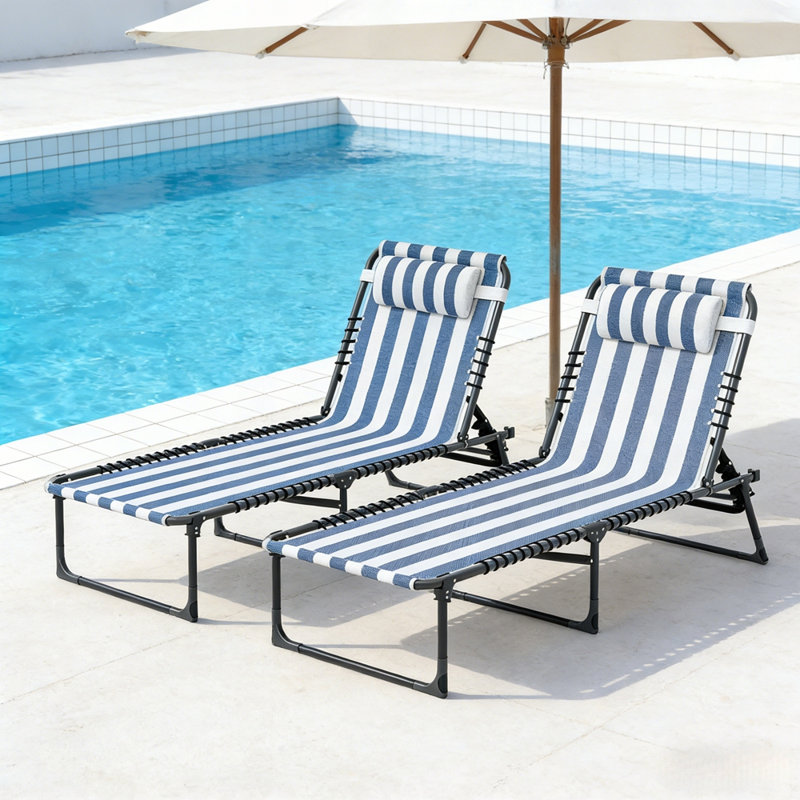 Outdoor Chaise Lounge Beach Chair, 2, White/Blue