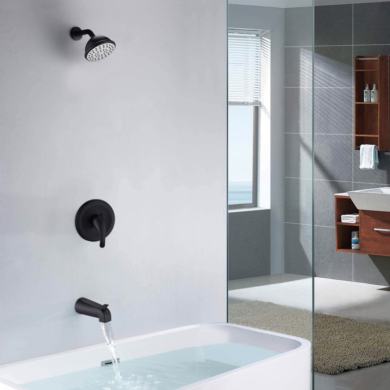 Pomme de douche à une poignée et bec de baignoire avec valve, robinet mural en plastique noir mat, débit de 1,8 gal / min, bec pivotant, réglable pour une douche relaxante complète, gestion des trous de pulvérisation