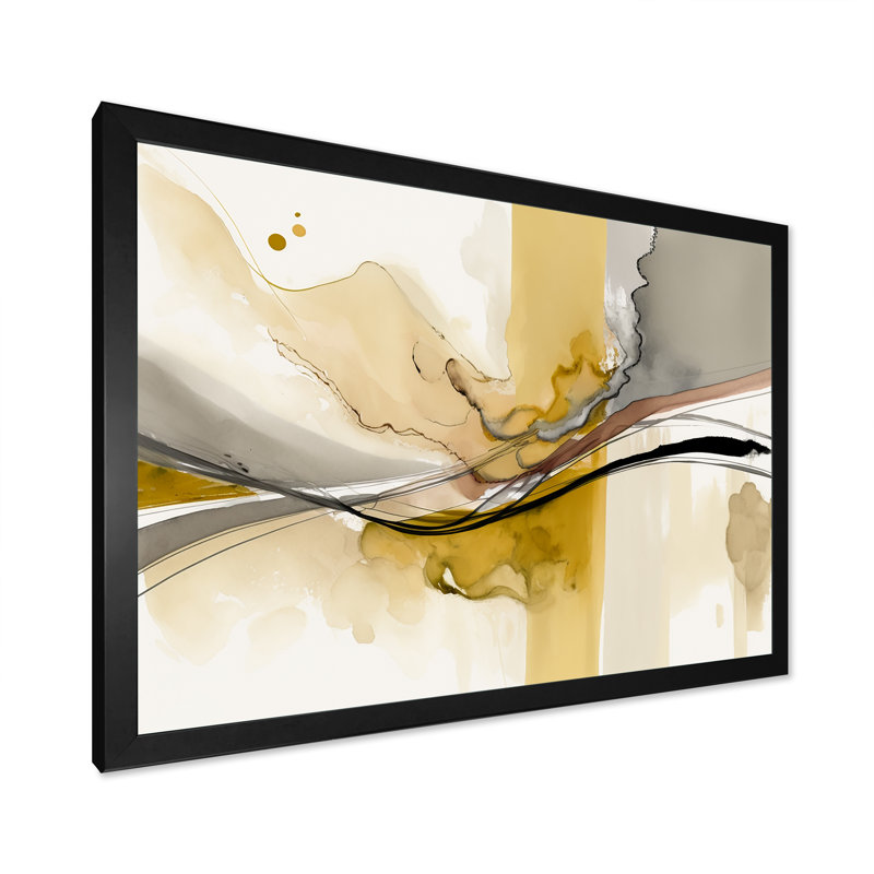 Touché par jaune moutarde et gris ultime IV - Abstrait, encres liquides, Cadre simple noir, H 12 po x l 20 po x P 1 po
