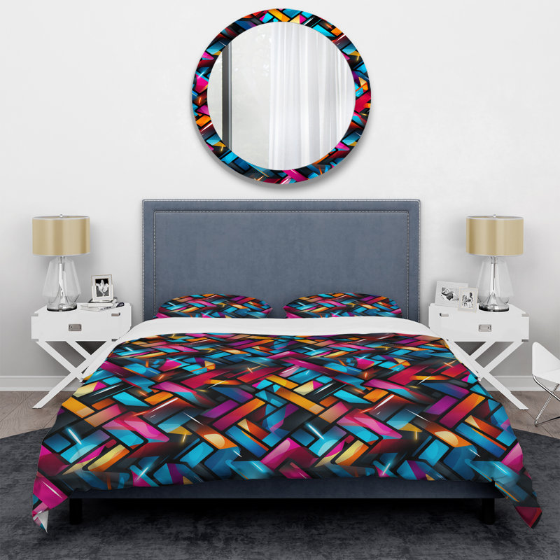 Popart Neon Grid Groove II - Ensemble de housse de couette géométrique, Housse de couette pour très grand lit et 2 très