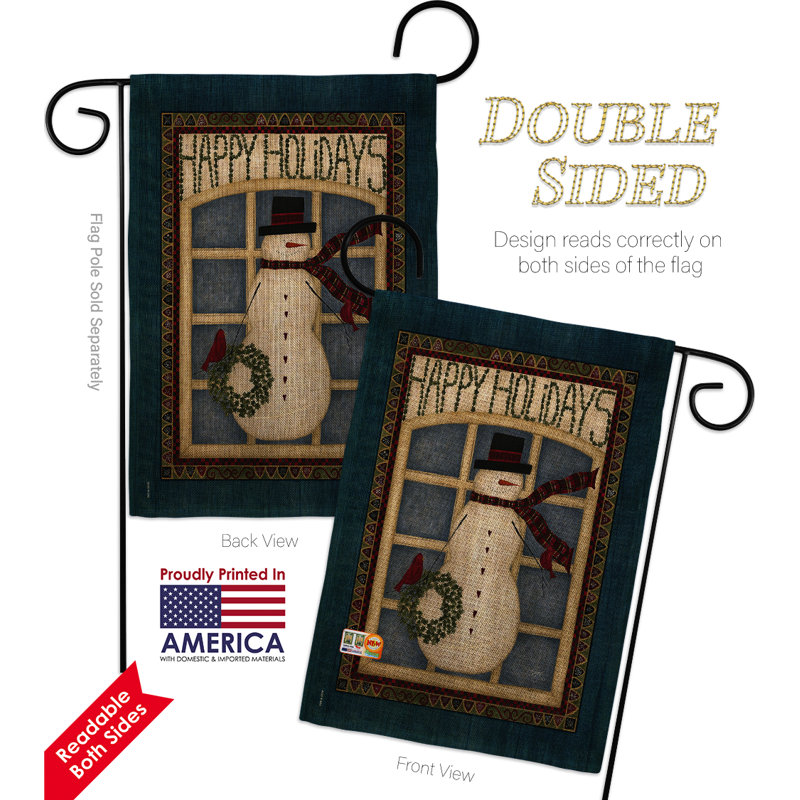 Drapeau de jardin Gharib Happy Holiday Snowman, Bleu foncé, Toile de jute