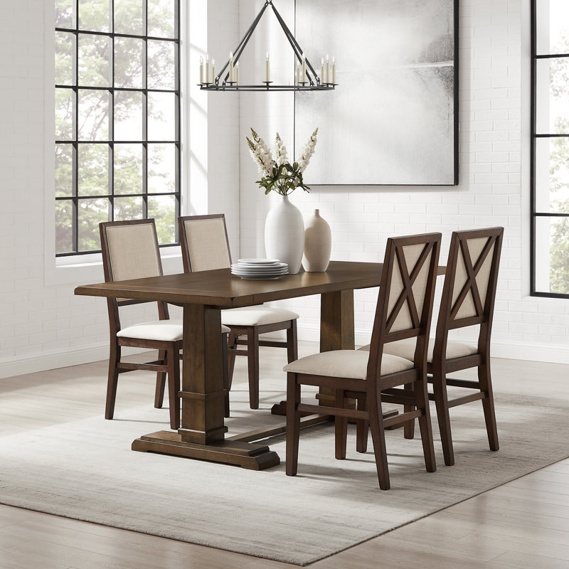 Heymann Trestle Dining Table with Upholstered and Wood Chairs, 5 Pieces: Table, 4 Chairs, Dark Oak