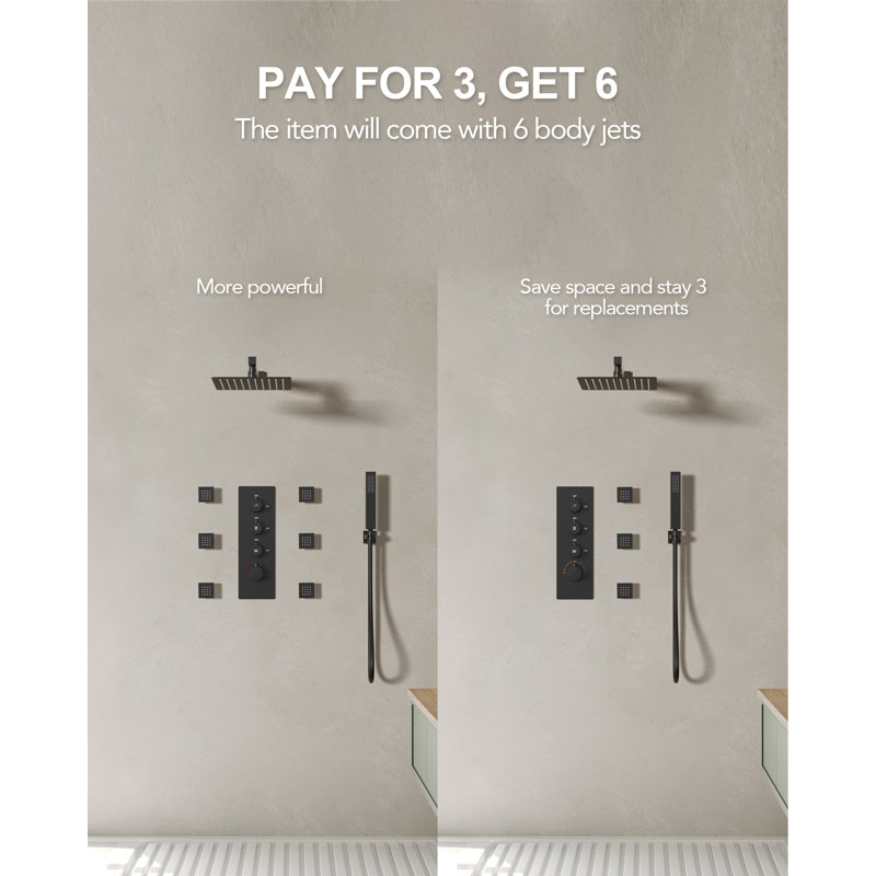 Système de douche thermostatique 12 po avec douche à main et 3 jets pour le corps Relaxajet , Noir mat