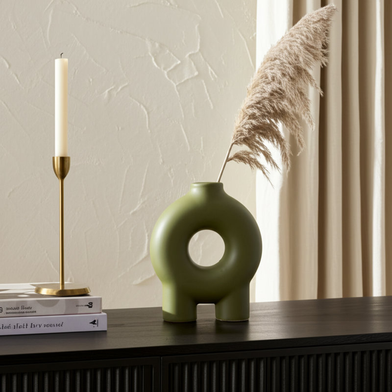 Corsetti Modern Ceramic Stoneware Vase with Sculptural Geometric Design, Green