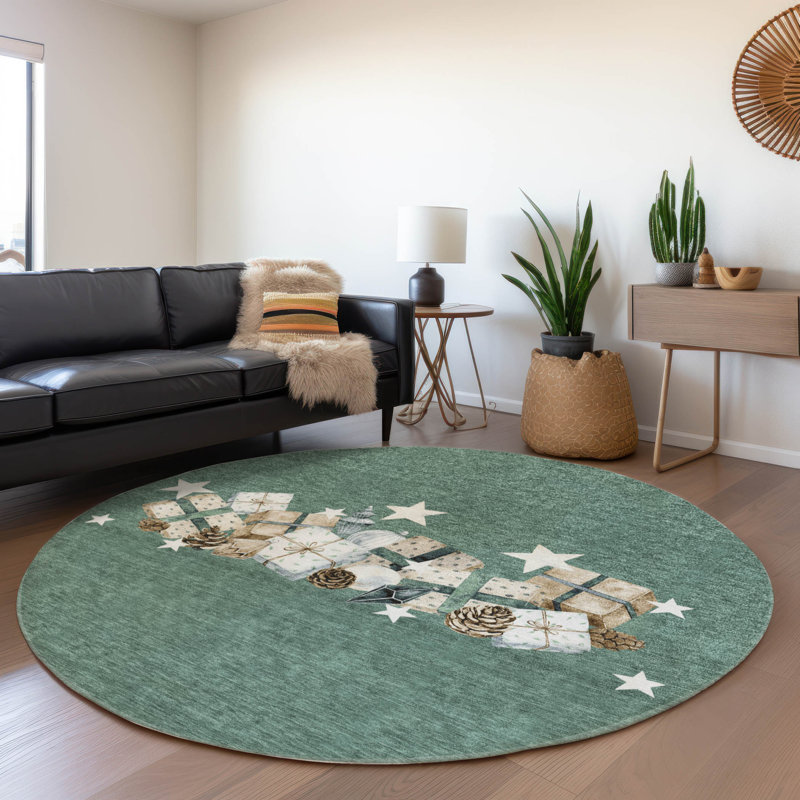 Machine Washable Indoor/Outdoor Christmas Presents Xhevrie Seafoam Rug, Round 8'