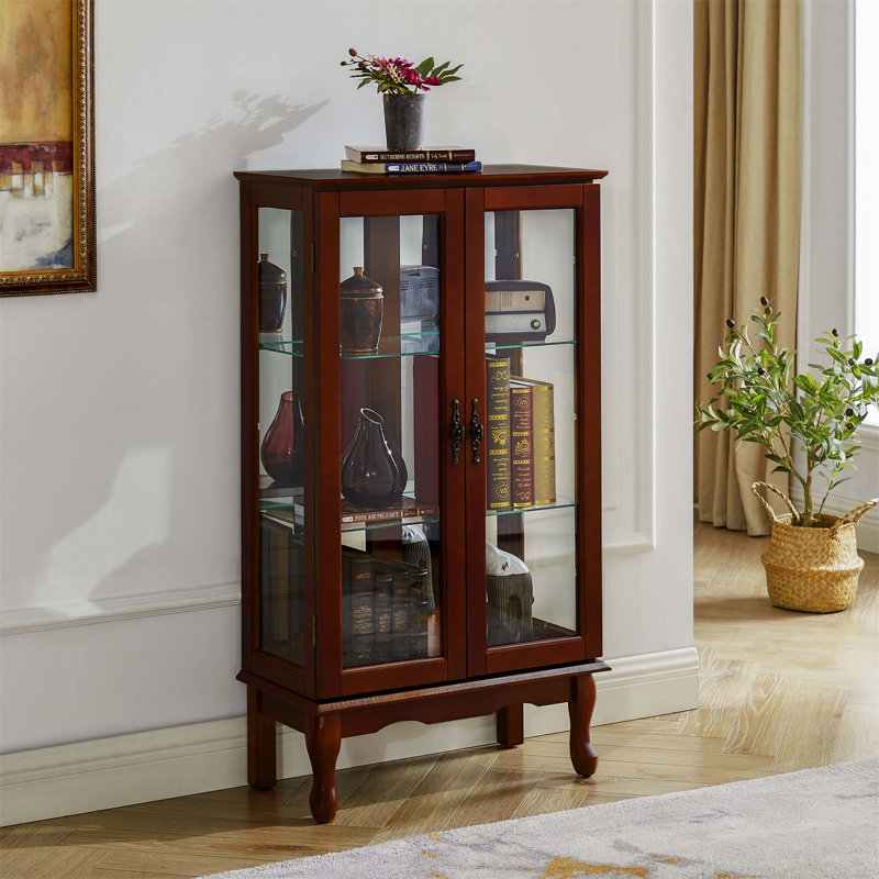 Lighted Curio Display Cabinet With Adjustable Shelves, Mirrored Back Panel, And Tempered Glass Doors For Elegant Storage And Display