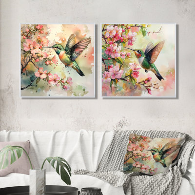 Hummingbird In The Blossoms I - Art mural avec colibri - ensemble de 2 décorations murales modernes