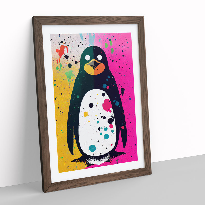 Paint Splash Penguin No.2 - Wall Art, 34cm H x 25cm W x 2cm D, Walnut Framed
