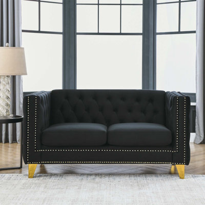 Canapé moderne en velours avec capitonnage à boutons, accoudoirs carrés et pieds en métal pour le salon ou la chambre à coucher