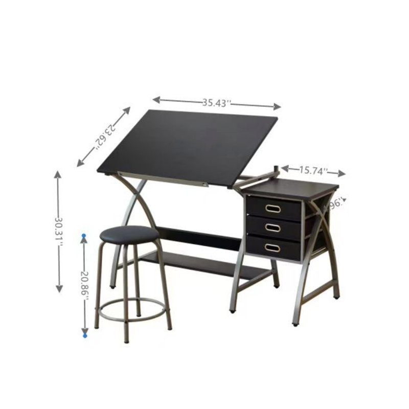 Table à dessin avec tabouret et tiroirs de rangement, Noir/gris