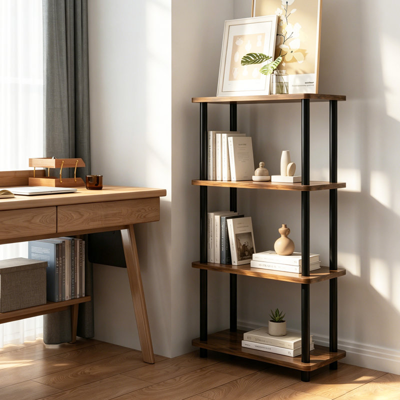 4-Tier Open Shelf Standard Bookcase, Freestanding Industrial Storage Bookshelf for Living Room Home Office, Brown