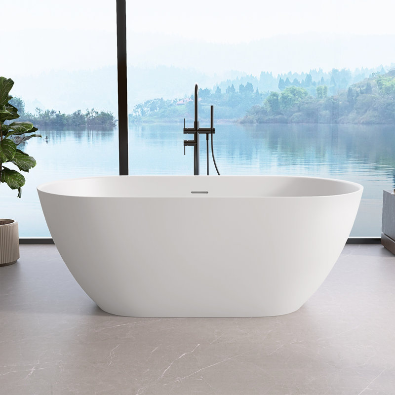 Baignoire de trempage autoportante à surface solide de 59 po L x 30 po avec drain central blanc mat