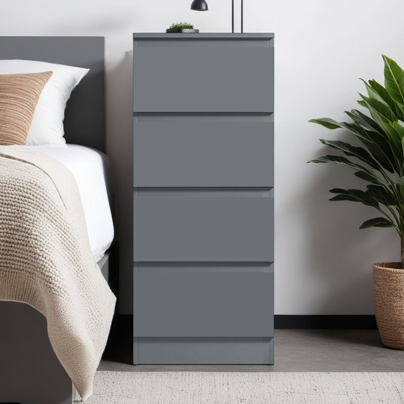 Carlton 4 Drawer Tallboy Chest Of Drawers. 40cm Wide. Matt Finish. Scratch Resistant. Modern No Handle Design., Grey