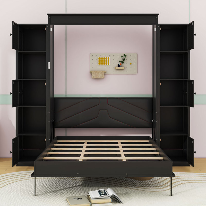Grand lit escamotable en bois avec lumières DEL intégrées et tablettes de rangement
