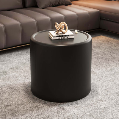 Table basse ronde moderne noire, plateau en verre trempé avec corps en similicuir et compartiment de rangement caché pour le salon