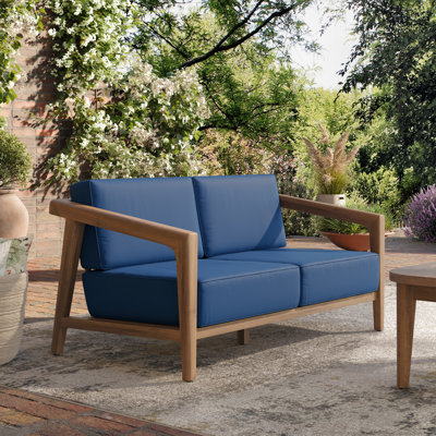 Lyam Wood Patio Loveseat With Blue Cushions