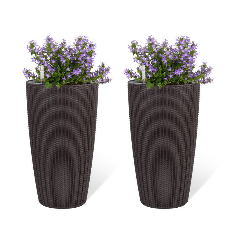 Modern Farmhouse Faux Rattan Planters with Auto Watering System and Weather Resistance, Brown