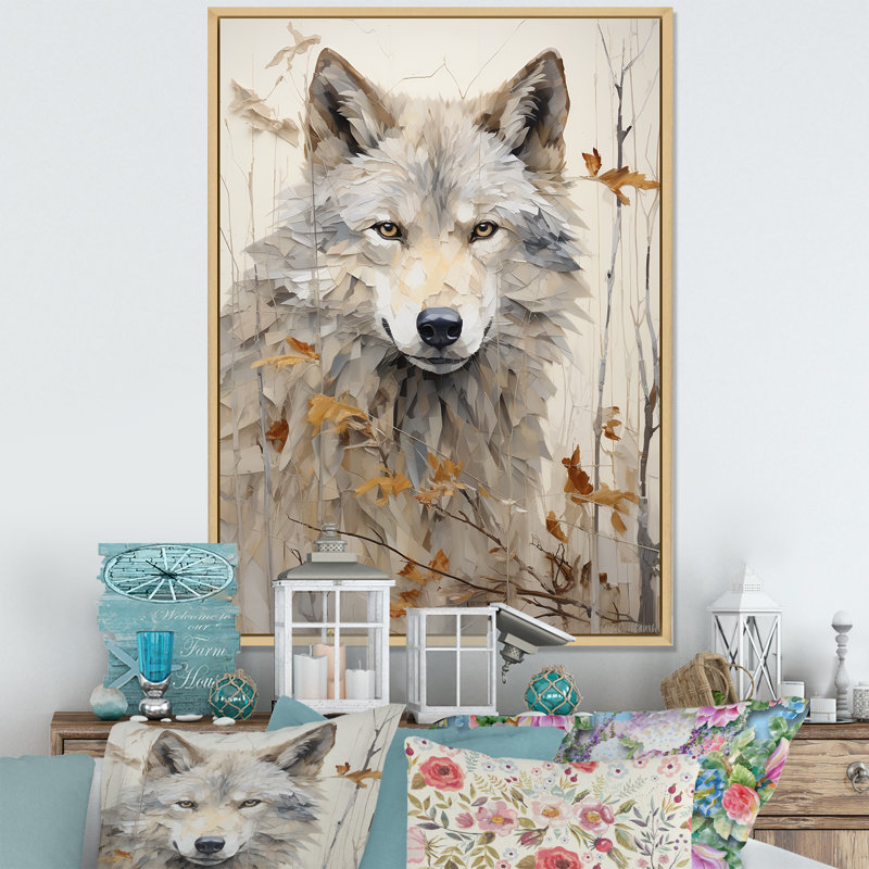 Minimalisme, expression de loup beige - loup grand, art mural, H 40 po x l 30 po x P 1,5 po, Cadre flottant érable