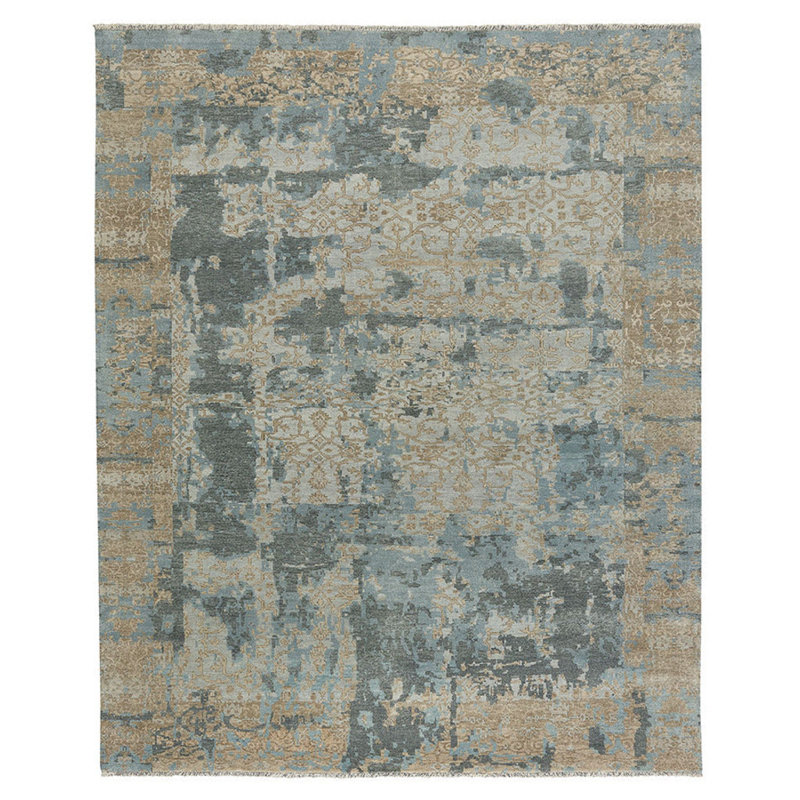 Ellerbe Hand-Knotted Wool Tan Blue Area Rug, Rectangle 8' x 11'