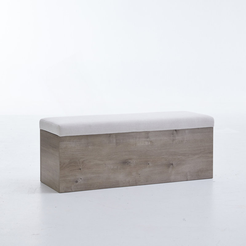 Banc en toile texturée en chenille avec plateau rabattable et base en bois - idéal pour la chambre à coucher, facile à assembler, toile de rangement rembourrée d'apparence neutre, sièges de chambre à coucher, style moderne