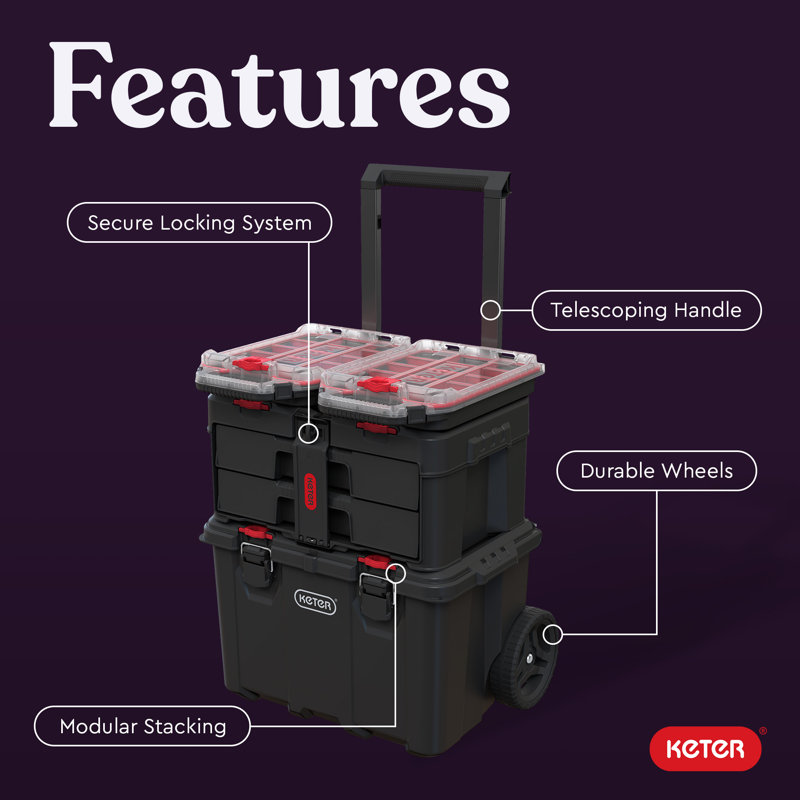 Keter Stack N Roll 4-Piece Rolling Tool Storage System Includes Large Rolling Tool Box, 2-Drawer Tool Box, 2 Tray Organizers
