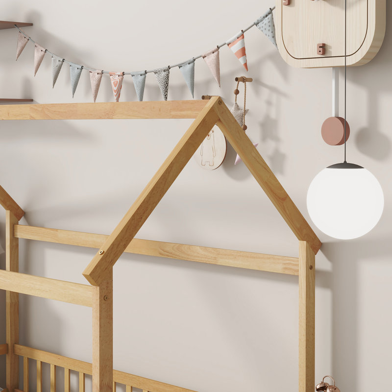 Twin Size House Floor Wooden Bed With Roof Frame,Safety Guardrails,Natural, Natural