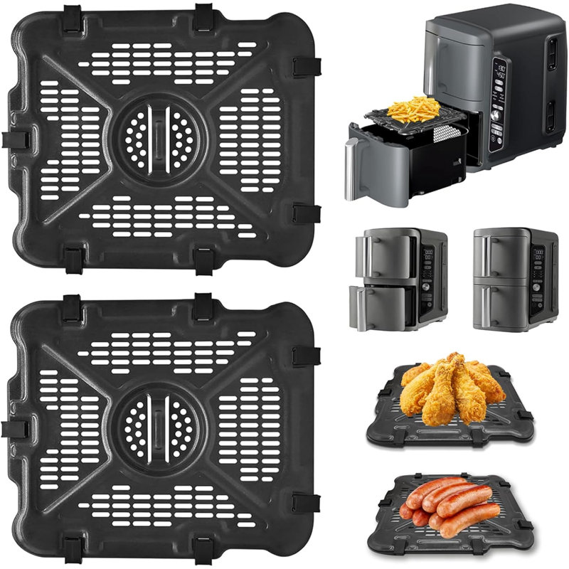 GCQ Air Fryer Grill Pan for Ninja SL400UK 9.5L SL300UK 7.6L Double Stack XL 2-Basket Air Fryer, 2 Packs Replacement Air Fryer Crisper Plate Grill Tray Accessories with Rubber Bumpers,Dishwasher Safe 