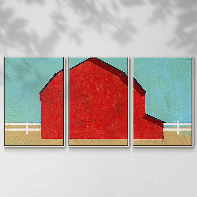 "Big Red One I", peinture sur toile 3 pièces, H 36 po x l 75 po, Cadre blanc