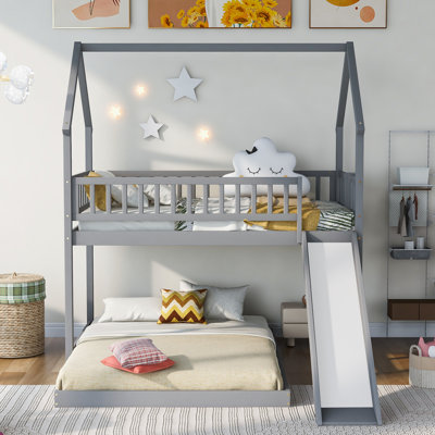 Twin over Full Bunk Bed with Slide, Built-in Ladder & Full-Length Guardrail – House-Shaped Frame, Gray