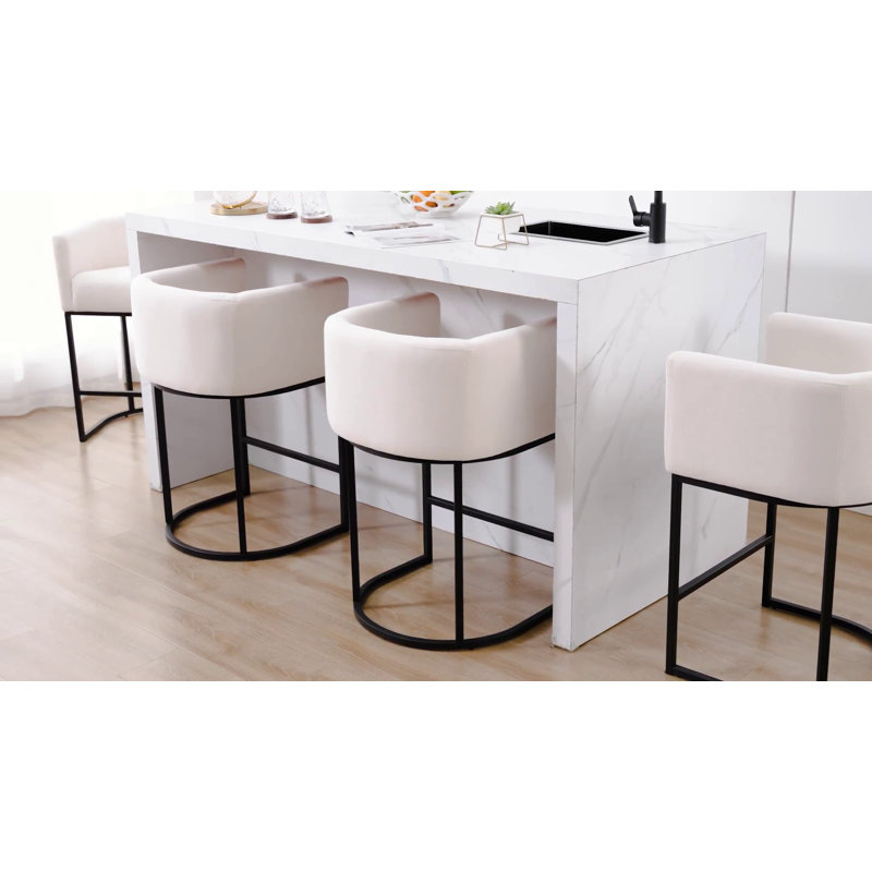 27" H Counter Height Bar Stools, Modern Barrel Counter Stools With Backrest And Arms, Black Metal Frames, Linen Fabric Upholstered Accent Barstools For Kitchen Island