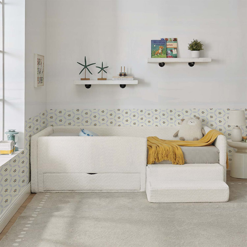 Lit multifonctionnel avec garde-corps, rangement et marchepied de sécurité, Beige