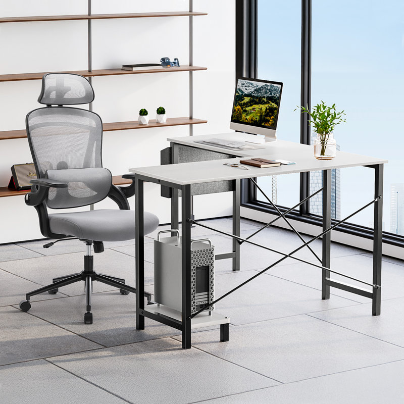 Desk and Chair Set: L-Shaped Computer Desk and Mesh Office Chair, Gray Chair/White Desk