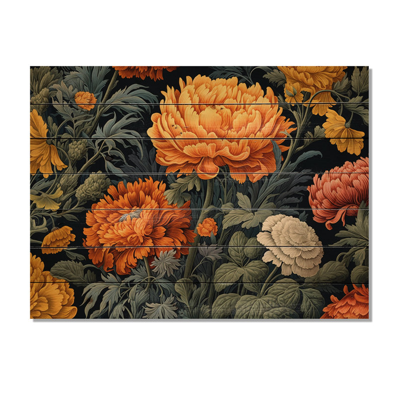 Éclat de souci orange et vert II sur bois, H 30 po x l 40 po x P 0,78 po