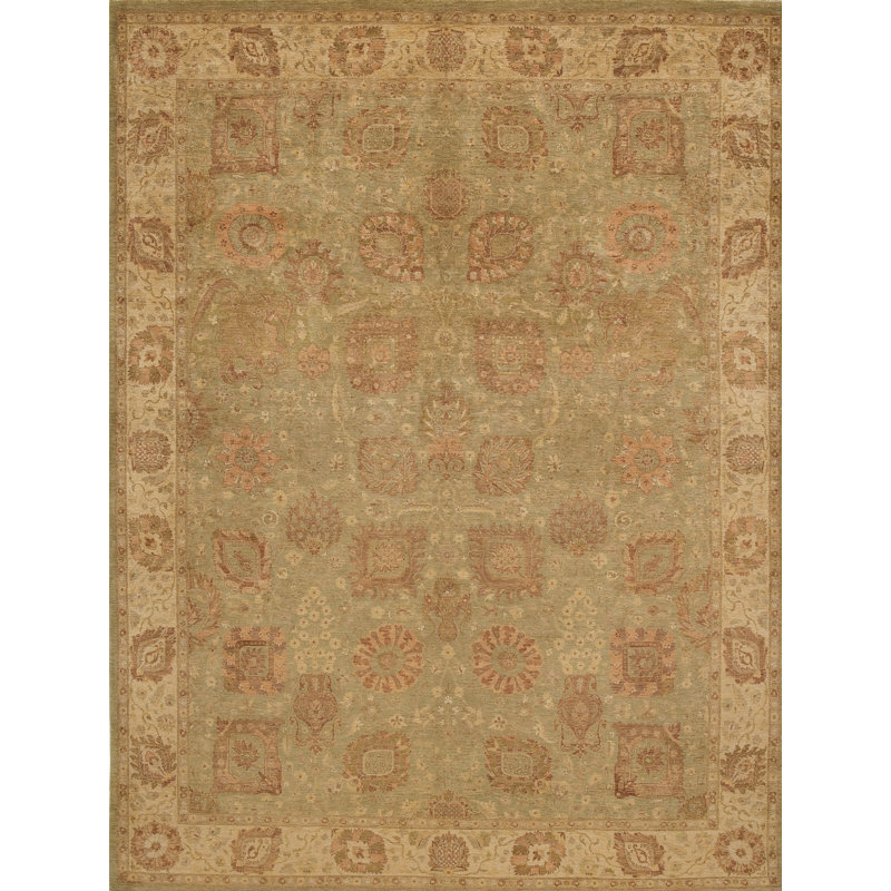 Tapis de grande qualitÃ©, nouÃ© Ã  la main, dans les tons pistache et ivoire, Rectangle 8 pi x 10 pi
