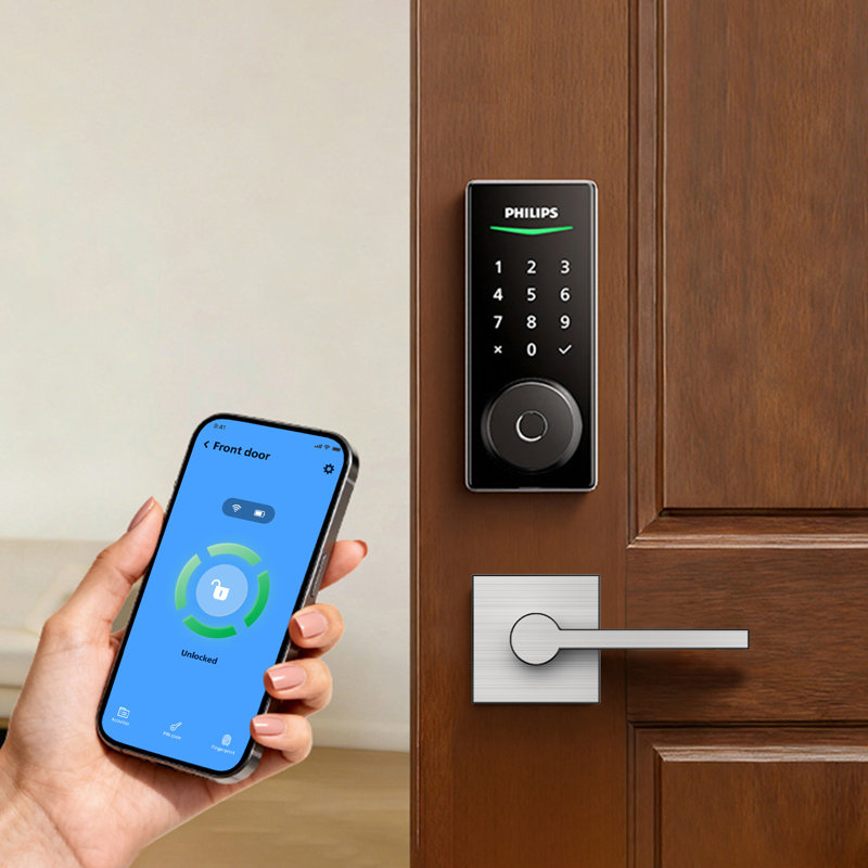 Philips Wi-Fi Smart Deadbolt Door Lock with Multiple Access Methods Including Fingerprint Reader with Lever, Satin Nickel