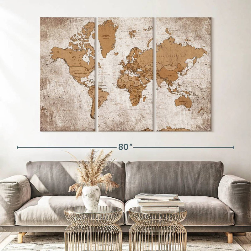 "Géographie du monde carte IV", ensemble de 3 reproductions sur toile par Tess P, H 42 po x l 65 po x P 1,25 po