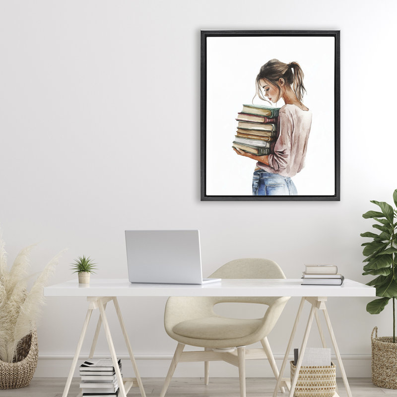 Cadre flottant Library Walk Girl, design par Svetlana Aleynikova, H 31 po x l 25 po, Cadre flottant noir de jais