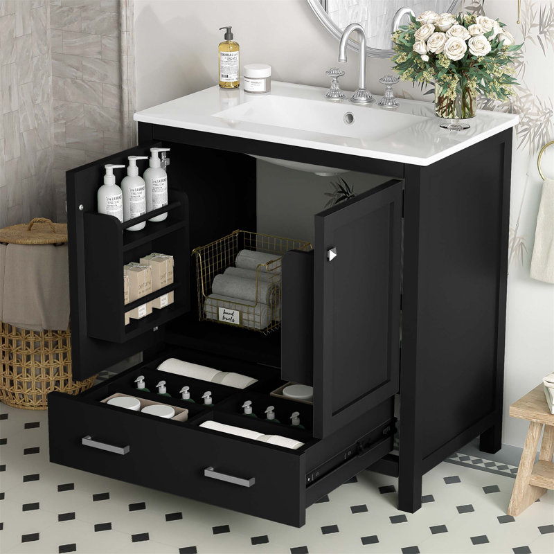 Meuble-lavabo de 30 pouces avec lavabo simple, armoire combinée, lavabo en céramique encastré, 2 portes, 1 tiroir, fermeture en douceur, rangement multifonctionnel, structure en bois massif