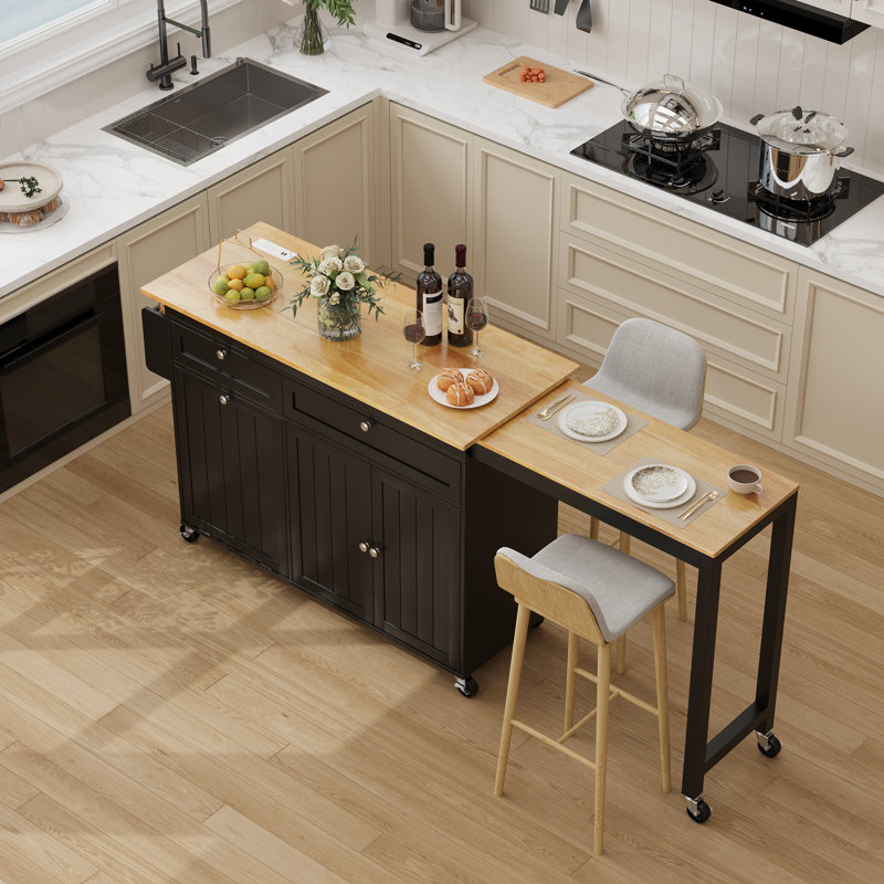81.6" Kitchen Island With Storage, Kitchen Cabinet with Seating Area and Prower Outlet For Kitchen, Black