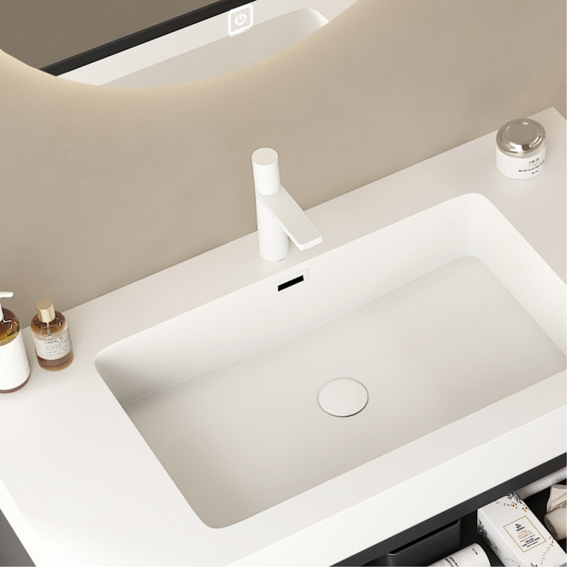 Lavabo sous-comptoir blanc rectangulaire de 36 po pour salle de bain - surface solide scandinave moderne, résistant aux égratignures, à l'usure, facile à nettoyer, trou de robinet et trop-plein, couvercle de lavabo et tuyau de drainage extensible, installation