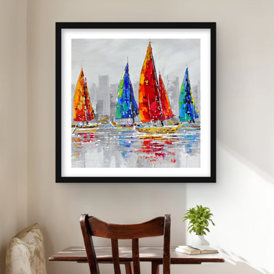 Bateaux colorés près de la ville grise | Imprimé matelassé marine