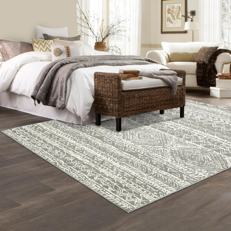 Large Rugs for Bedroom 8x10 Boho Dining Room Rug, Stain-Resistant Low Pile Indoor Carpet, Distressed Geometric Floor Mats for Living Room