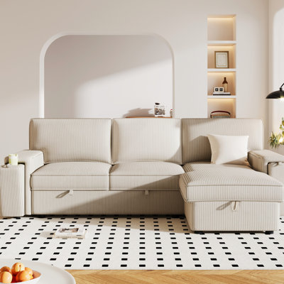 Canapé-lit à la mode avec rangement confortable pour accoudoirs et porte-gobelet - Beige